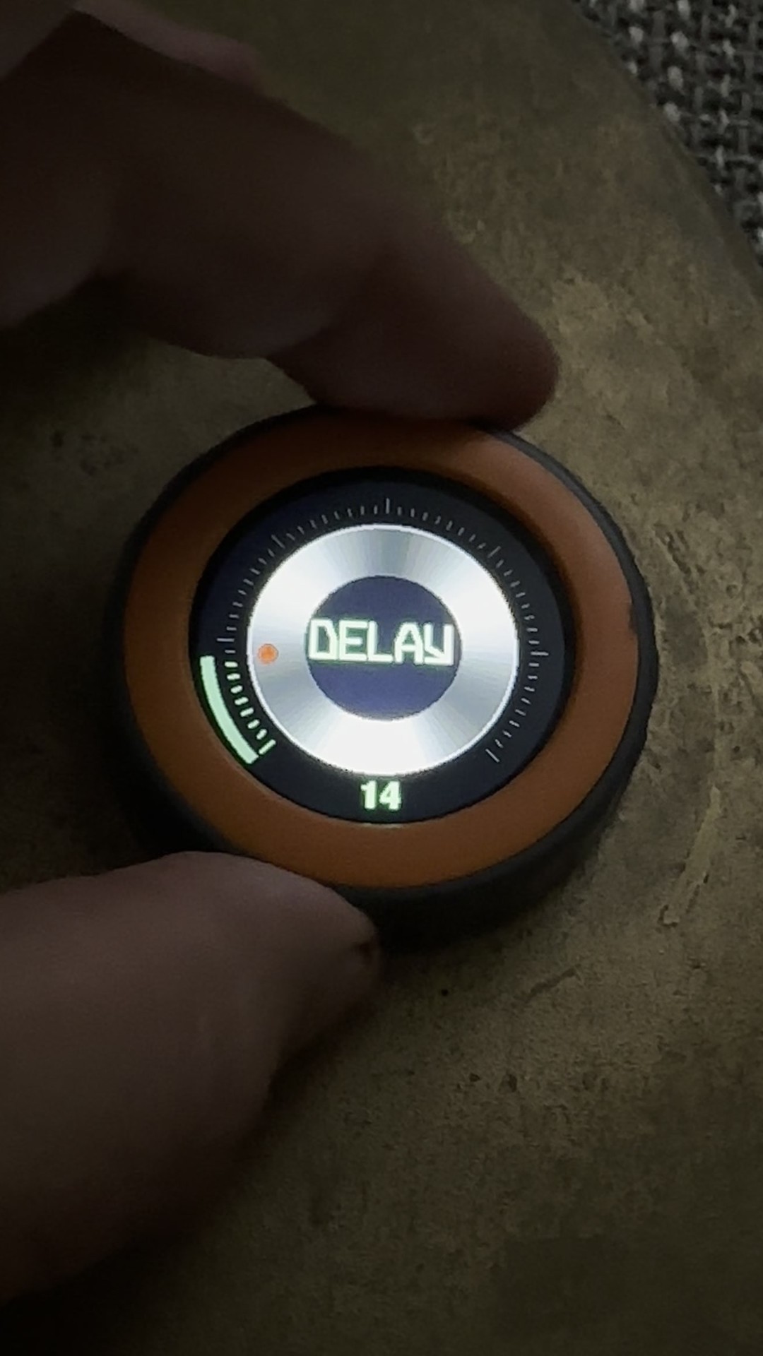 Close-up of a disc in a hand: the display shows a dial with brushed metal, the label DELAY and the value 14 below it