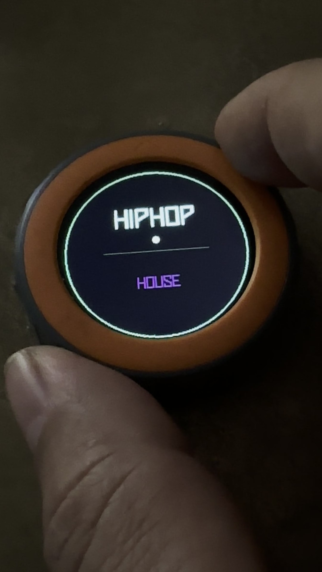 Close-up of a disc held between two fingers: the display shows HIPHOP above a dividing line and HOUSE below it in magenta